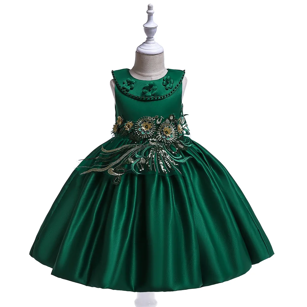 Платье для маленьких девочек костюм принцессы платье с вышивкой бисером и цветами красного и зеленого цвета элегантные Платья для вечеринок на возраст 4, 6, 8, To10 лет Детская одежда 6L14A