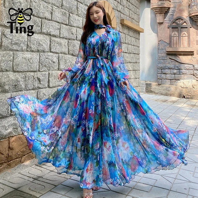 Dudu - Long-Sleeve Floral Print Maxi A-Line Dress | YesStyle