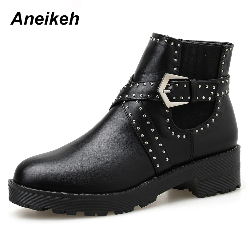 

Aneikeh NEW 2020 Spring Autumn New Rivets Chelsea Boots Riding, Equestrian Round head Zipper Women's Boots Dance Low Heel Shoes