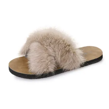 

Discount Hot Women Slippers Home Plush Flip Flops Slides Fashion Faux Fur Spring Summer Autumn Plat Solid Color Large Size 40