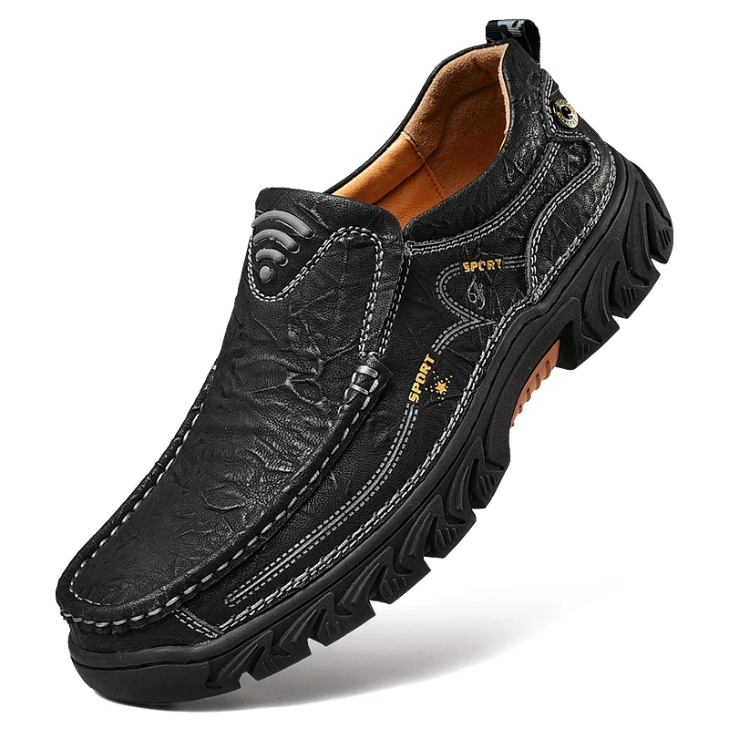 Men Shoes Causal Genuine Leather Luxury Brand Italian Men Breathable Loafers Business Shoes Rubber Slip on Plus Size 38-48 - Цвет: 5053Black