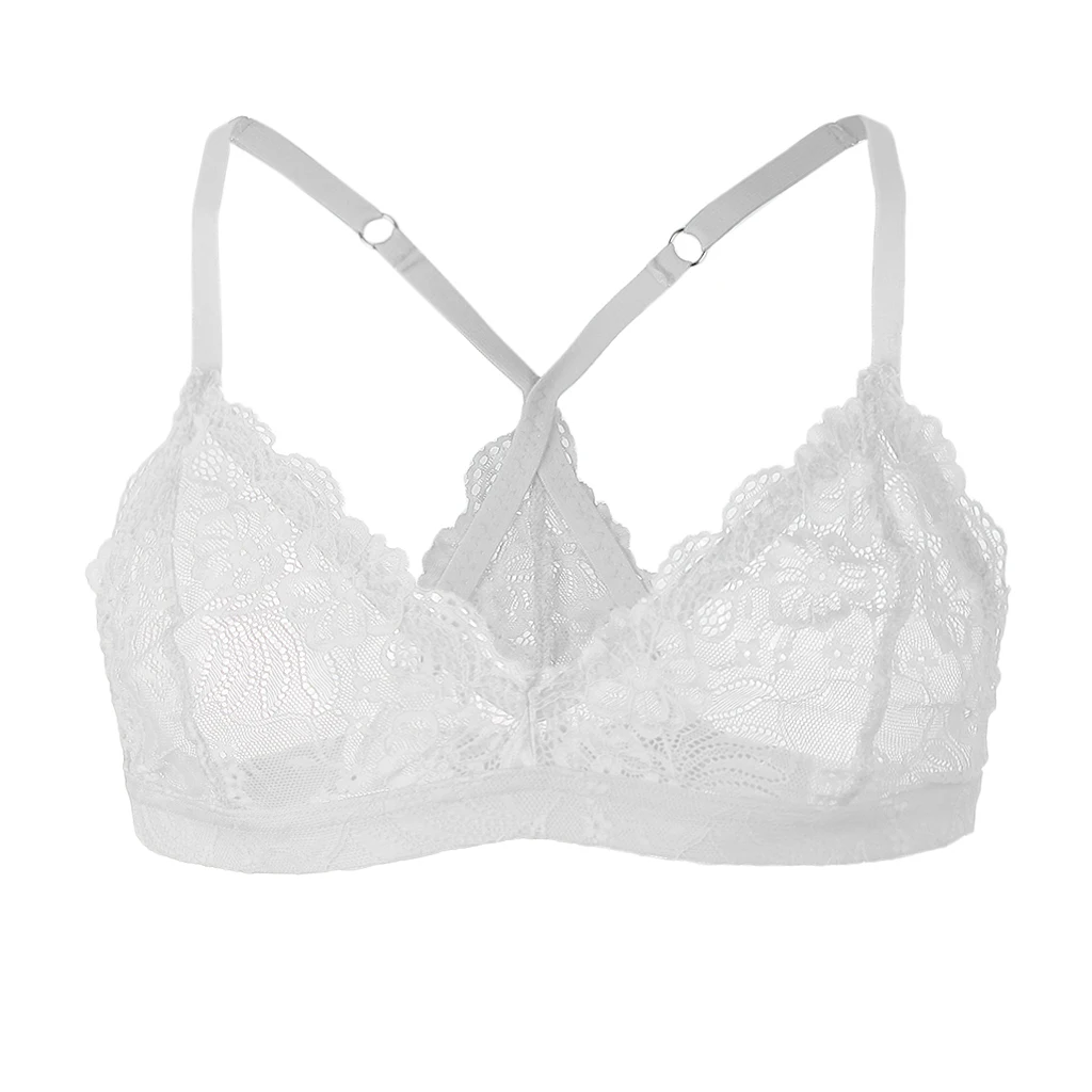 2Pcs Mens Sissy Lingerie Bralette Adjustable Shoulder Strap Lace Bra White+Black