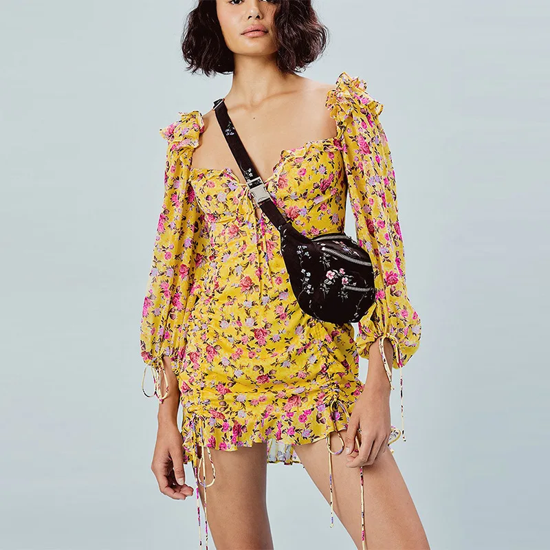 

Fashion Floral Printing Bubble Sleeve Mini Dress Women Autumn 2019 Square Collar Drawstring Long-sleeved Boho Chiffon Dress