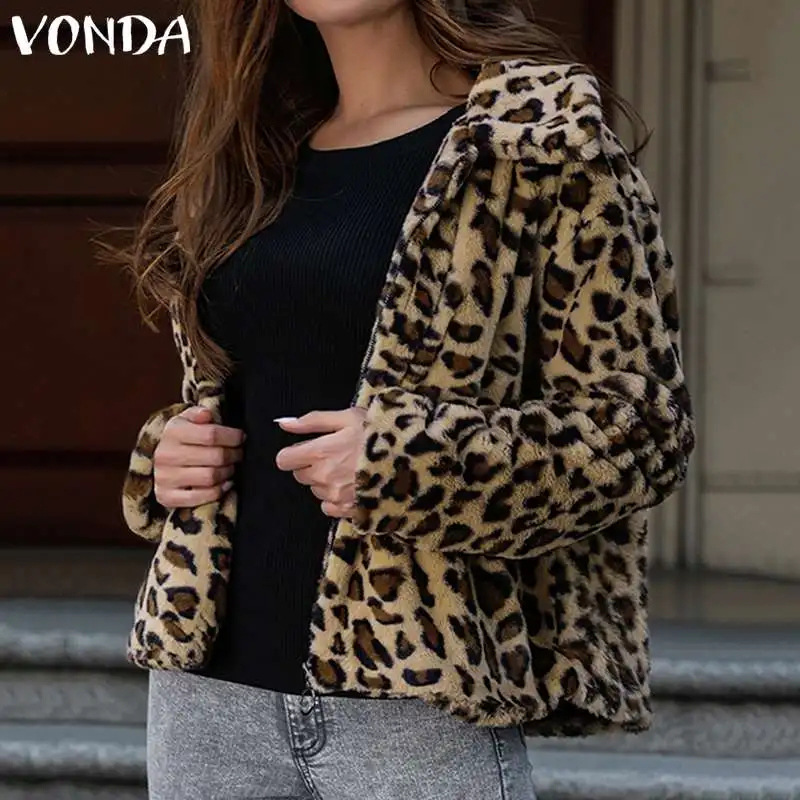 Finest 2019 Autumn Winter VONDA Women Leopard Printed Zipper Overwear Faux Fur Jackets Fashion Womens Warm