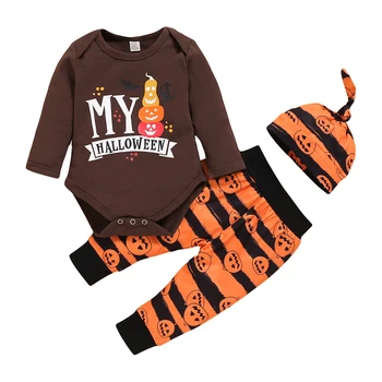 

3pcs Boy Girl Long Sleeve Pants Beanie Baby Clothes Set Soft Comfortable Costume Fashion Pumpkin Print Cute Halloween Outfit