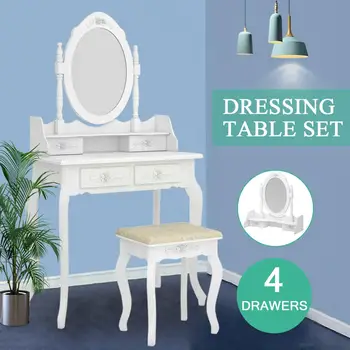 

European Style Simple White Dressing Table with 4 drawers Mirror Stool Set