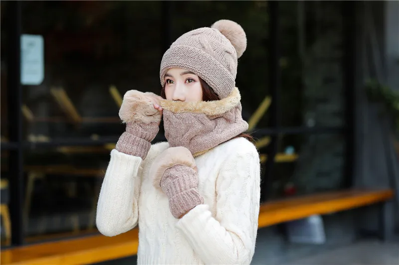 Женская зимняя Толстая вязаная шапка и перчатки наборы для женщин гной бархатные теплые модные девушки помпоны шапочка шарф перчатки 3