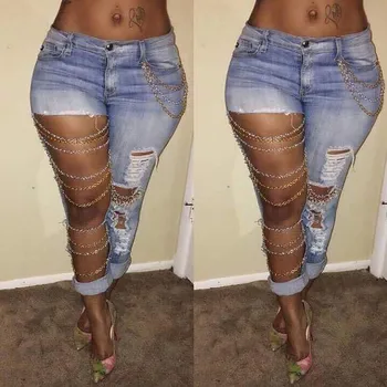 

Women's Ladies High Waist Destroyed Hole Ripped Slim Fit Skinny Denim Jeans Pants