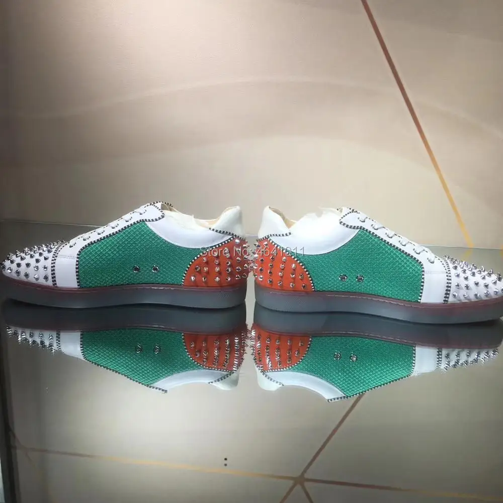 cl andgz Green Net leather Red bottoms Low Cut Sneaker For Men shoes silver Rivet Heel toe cap casual couple Flat Loafers