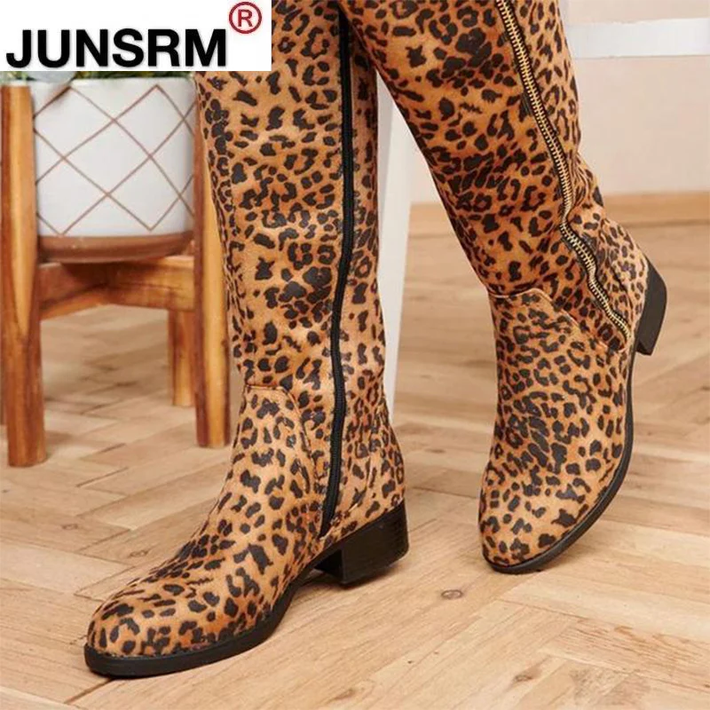 

Vintage Leopard Women Mid Calf Boots Autumn Winter PU Leather Sewing Round Toe Low Heels Platform Ladies Zip Shoes Plus Size