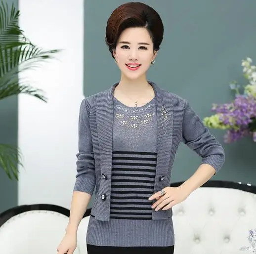Осенние женские лоферы Поддельные 2 предмета blusa Трикотажный костюм для женщин среднего возраста женские вязание толстый теплый свитер женский кардиганы S1156 - Цвет: camel