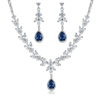 

WEIMANJINGDIAN BRAND BLUE TEARDROP AND MARQUISE CUT CUBIC ZIRCONIA CZ CRYSTAL NECKLACE AND EARRINGS BRIDAL WEDDING JEWELRY SET