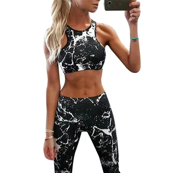 

NORMOV Printing Two Piece Set Women High Waist Elastic Push Up Leggings 2 Piece Set Female Sleeveless Fitness Bra Set Femme