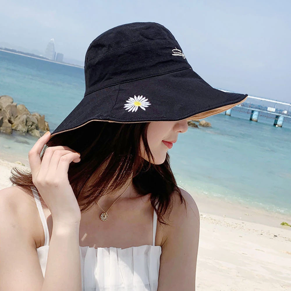 Big Brim Sun Hat Daisies Double-Sided Bucket Hat Cotton Foldable Fisherman Cap With Wind Rope Women Men Outdoor Sunscreen Hat cheap bucket hats