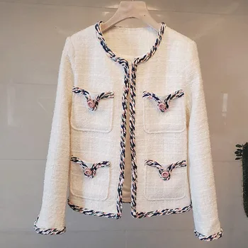 

2020 Autumn Winter Vintage Tweed Jackets Women Short Woolen White Coats Female Korean Streetwear Slim Warm Outwear Windbreaker
