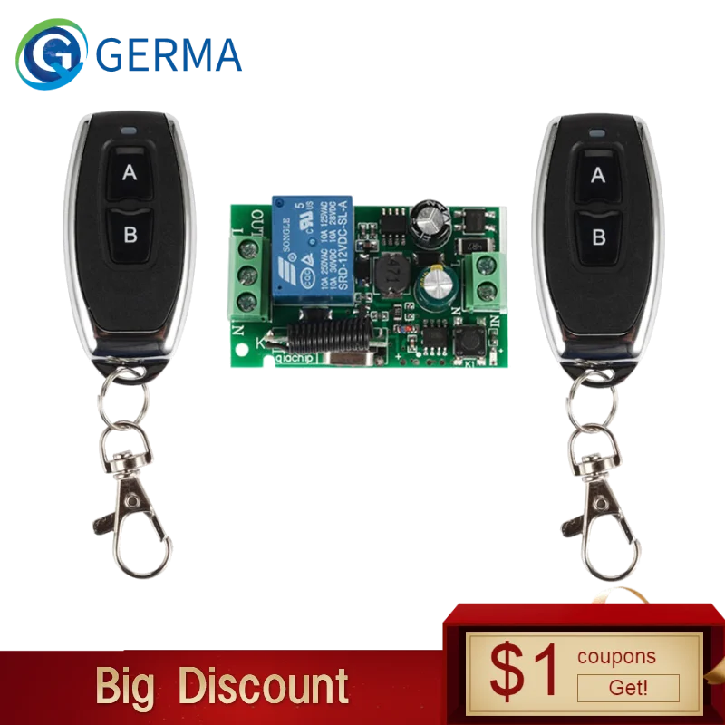 

GERMA 433Mhz Universal Wireless Remote Control Switch AC 110V 220V 1CH RF Relay Receiver Module + RF 433Mhz Remote Transmitter