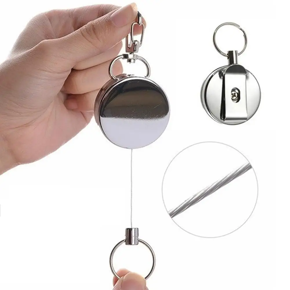 Stainless Steel Silver Retractable Key Chain Recoil Keyring Heavy Duty Cord Wire 