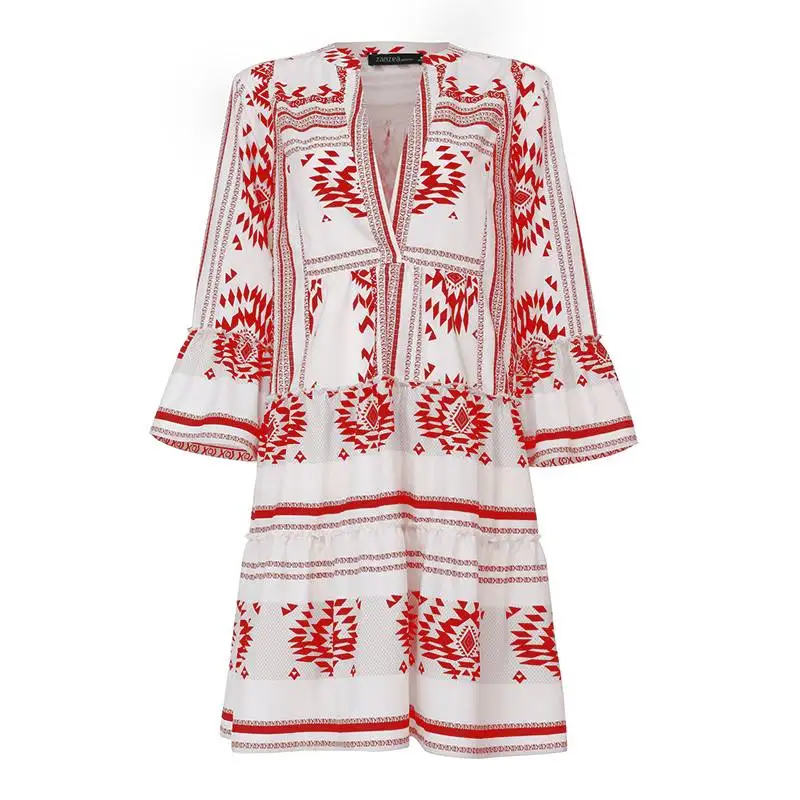 Винтажное женское платье повседневное свободное Расклешенное мини-платье Vestidos ZANZEA богемные пляжные вечерние летние сарафаны кафтан халат Femme - Цвет: Красный