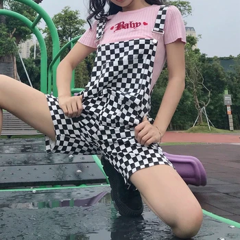 

Harajuku Romper Jumpsuit Backless Strap Checkered Black White Playsuit Checkerboard Overalls Shorts Women Casual Streetwear K164
