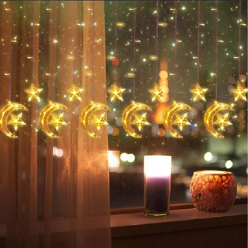 

250CM Led Star Moon Curtains Lights 138 Leds String Light with 8 modes Fairy Lights Christmas Garland for Home decoration Party