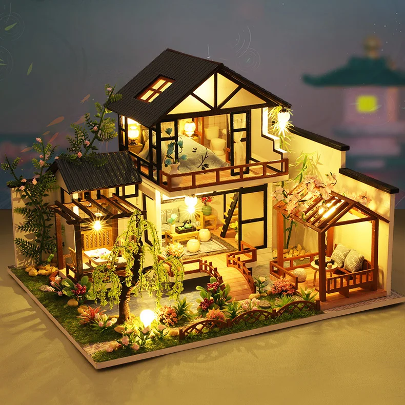 New DIY Chinese Style Cottage Wooden Doll House Kit Miniature with Furniture Casa Dollhouse Toys for Children Adults Xmas Gifts
