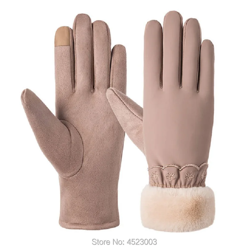 Элегантные женские замшевые перчатки на весь палец Зимние теплые перчатки с сенсорным экраном плюс бархатные утолщенные уличные варежки - Цвет: N903-Khaki