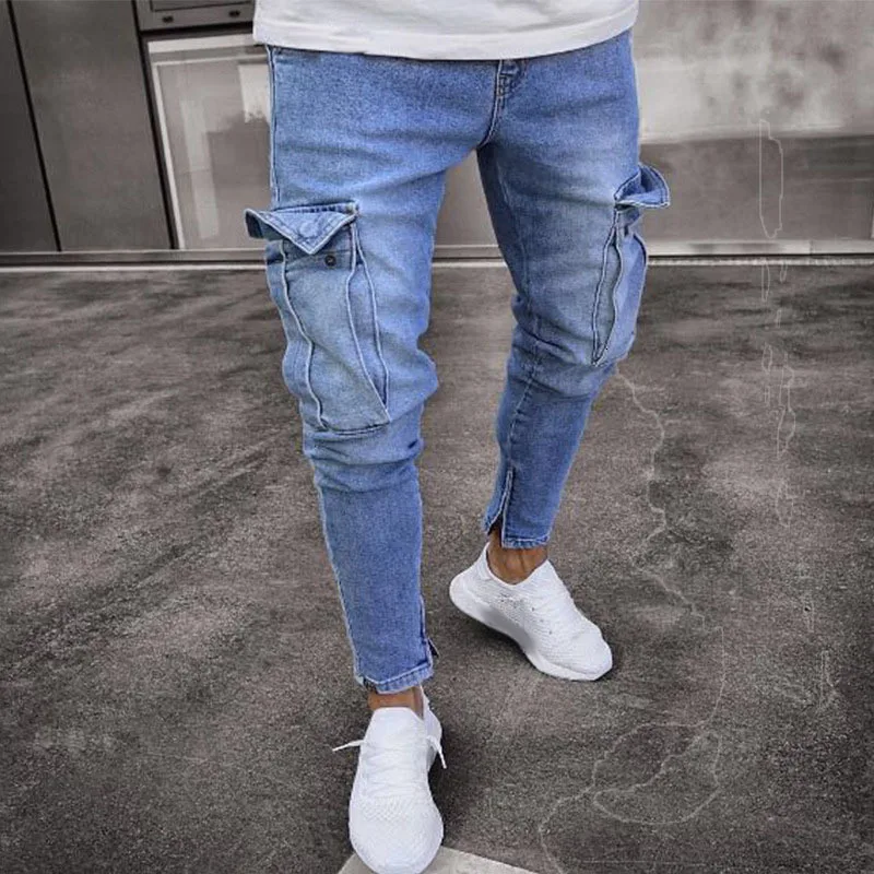 Moomphya уличная большие карманы узкие джинсы мужские хип-хоп боковая молния slim fit Мужские джинсы потертые синие байкерские джинсы