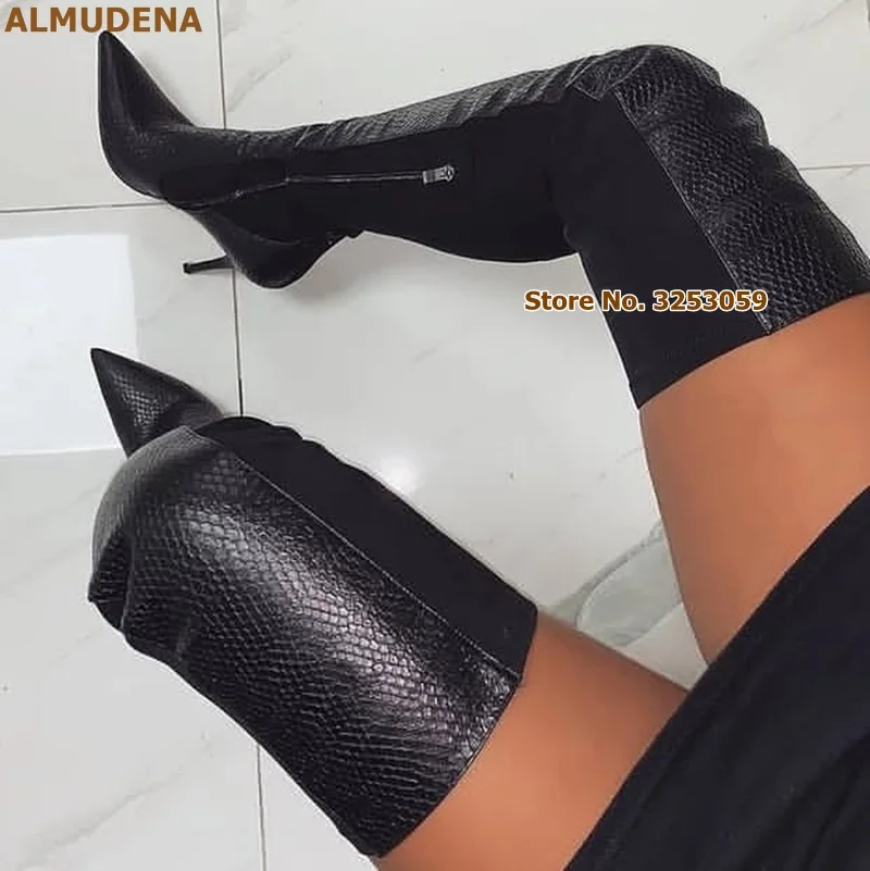 ALMUDENA/черные высокие сапоги до бедра из змеиной кожи высокие сапоги на шпильке с острым носком в стиле пэчворк высокие сапоги выше колена на молнии из питона