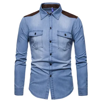 

2019 Newest Men's Cotton Denim Shirt Velvet Water Wash Denim Long-sleeved Men Shirt Multi Colors M-XXXL Sizes Denim Shirt Men