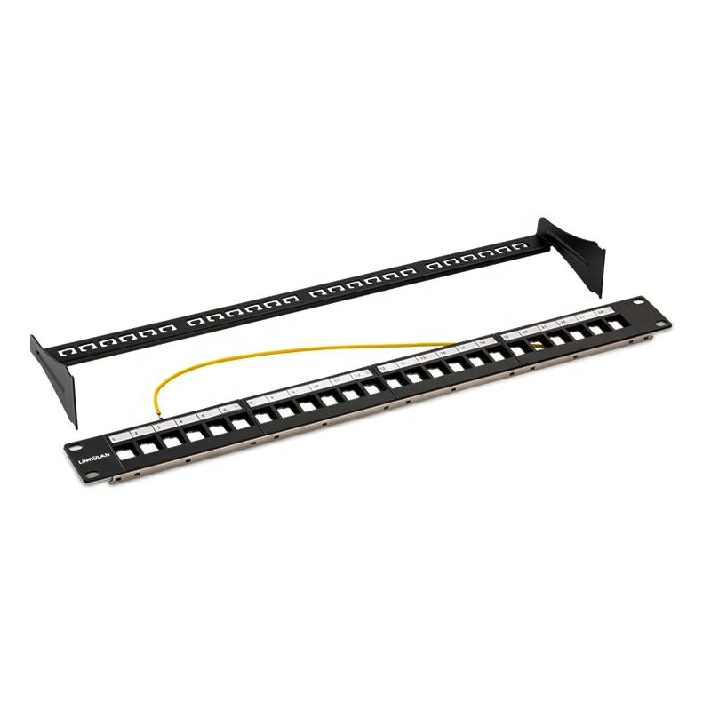 24Port Unload Empty Modular Blank Patch Panel 19" 1U Rack Moun Includes Cable Manager Support Bar Front Plate With Label Field