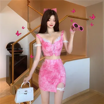 

2020 new fashion women's lace sexy suspender top + bag hip skirt 2 piece set