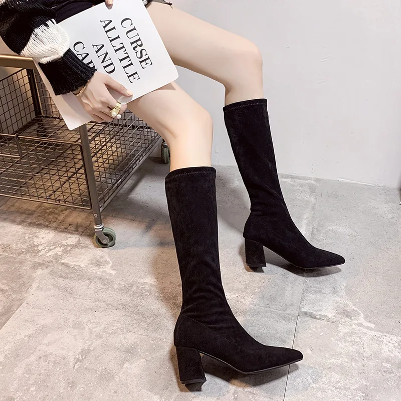 

2019 Autumn & Winter New Style Middle Boots Black And White with Pattern Thin Martin Boots Pointed Toe Chunky Heel High-Heel Hos