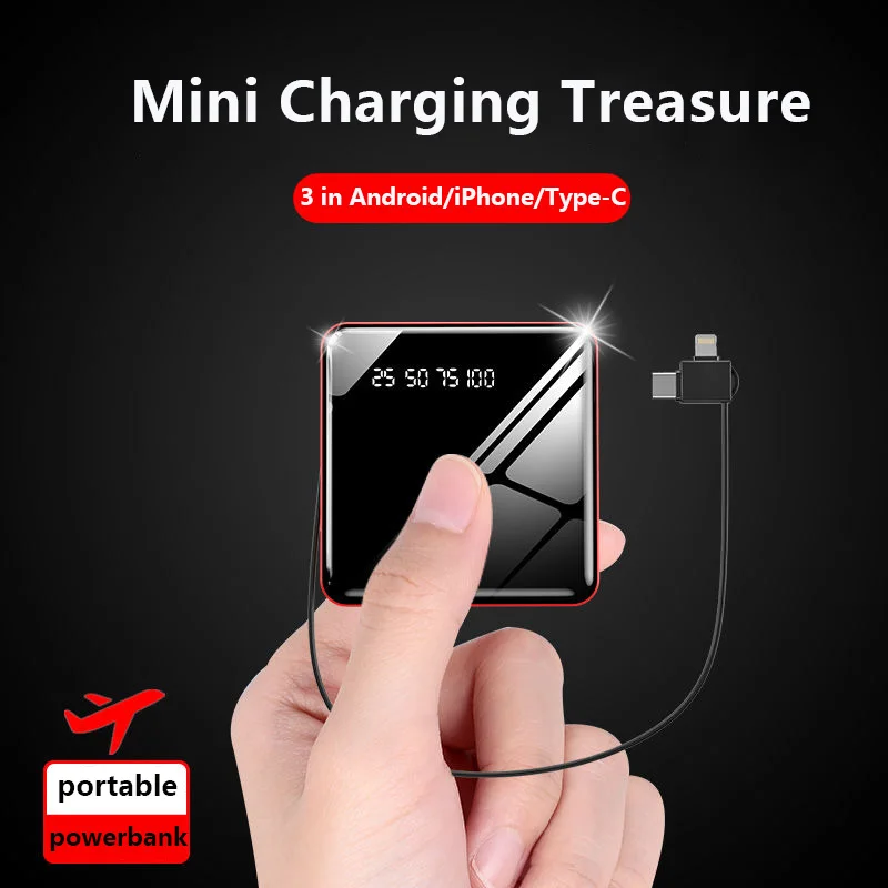 Портативный внешний мини аккумулятор со светодиодной подсветкой и кабелем USB type C