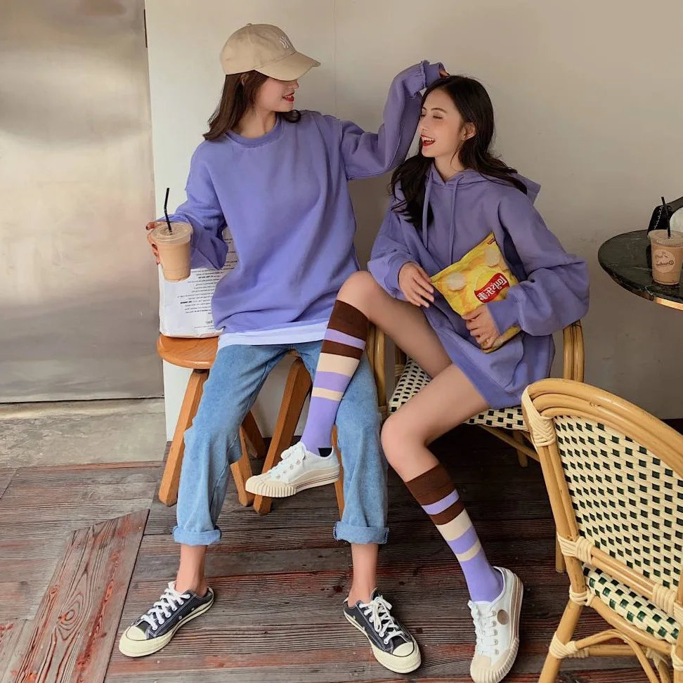 

Photo Shoot South Korea Ulzzang Best Friend-Crew Neck Mock Two-Piece Loose And Plus-sized Bat Sleeve Hoodie Female Purple Coat