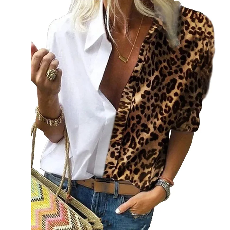 

2020 Winter New Women's Shirt Autumn Casual Rejection Collar Button Long Sleeve Shirt Leopard Print Patchwork Loose Chiffon Top