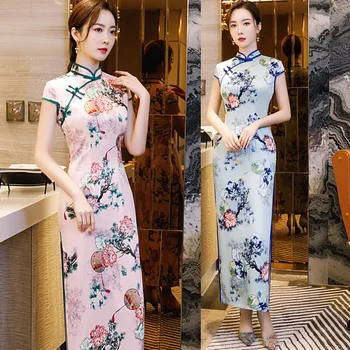 

Pink Green Oriental Design Print Women Plus Size Cheongsam Elegant High Split Chinese Evening Dress Retro Stage Show Qipao