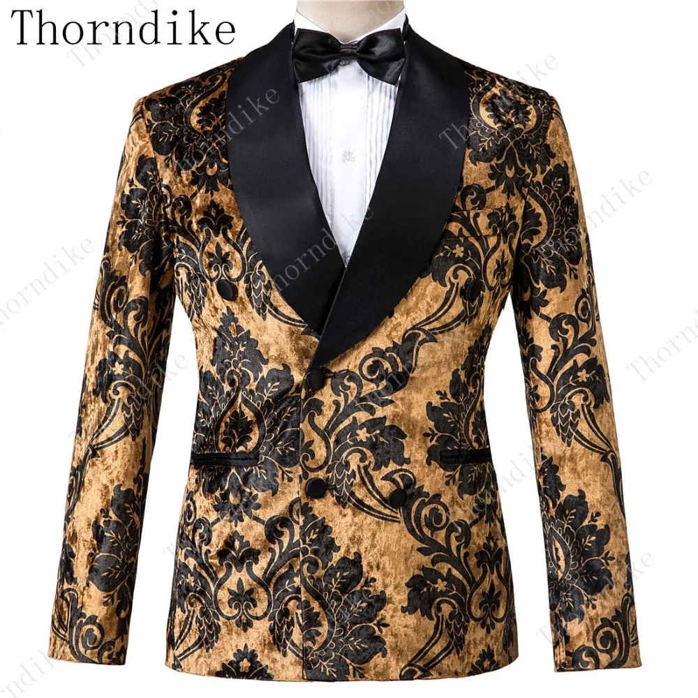 Thorndike Trajes Para Hombre Slim Fit мужской костюм для свадьбы на заказ из 2 предметов мужские костюмы Золотой Бархат с черным костюмом жениха