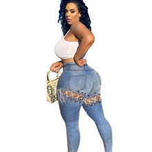 

Sexy Women Plus Size Pants Lace Up Skinny Jeans Woman Hollow Out High Waisted Jeans Streetwear Denim Jegging Outfit Dropshipping