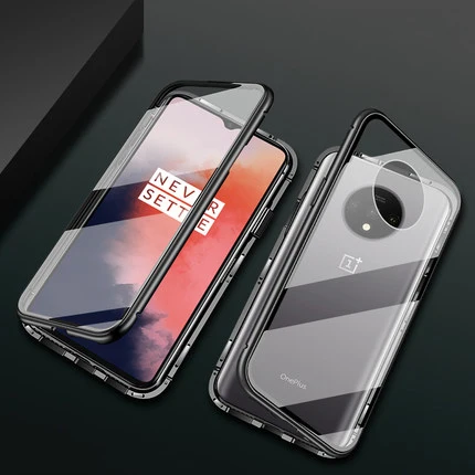 360 Полный Магнитный чехол для Oneplus 7T Coque Алюминиевый металлический бампер двойное стекло Защитная крышка для экрана для Oneplus 7 7 Pro 6 Чехол - Цвет: Черный