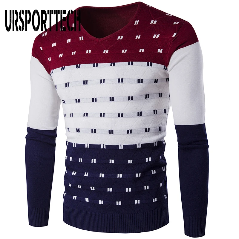 

URSPORTTECH 5 Colors Striped Sweater Men Warm Long Sleeve V Neck Winter Clothes For Male Fashion Slim Fit Print Pullover Sweater
