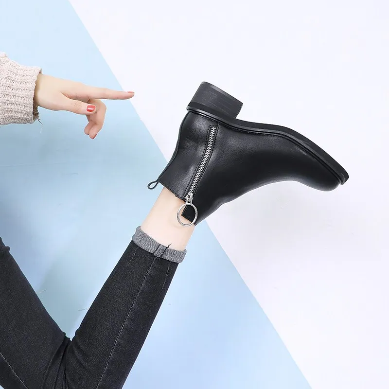 

Genuine Leather Footwear 2020 New Arrival Ankle Boots Rubber Riding Feminine Shoes Women's High Heels Booties