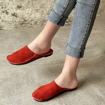 

Women Slippers Mules Leather Summer Shoes For Women Low Heels Handmade Genuine Leather Women Slipers Red Soft Shoes Indoor 2020