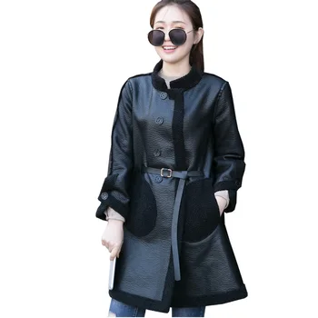 

High Quality Leather Jacket Women 2019 New Double Face Use Autumn Winter Parkas Jackets Black lambswool Long Coat Female Outwear