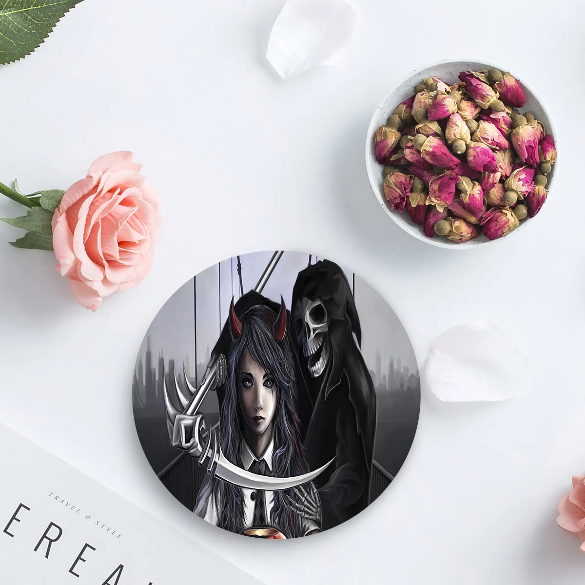 Хэллоуин школьницы коса Grim Reaper череп черный столовые приборы керамические подставки для напитков украшение стола абсорбент влаги