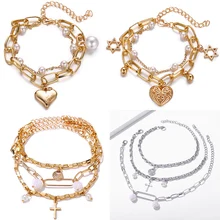 Если вы Новая мода крест сердце Жемчуг многослойные браслеты женские винтажные цепи очаровательные браслеты ювелирные изделия