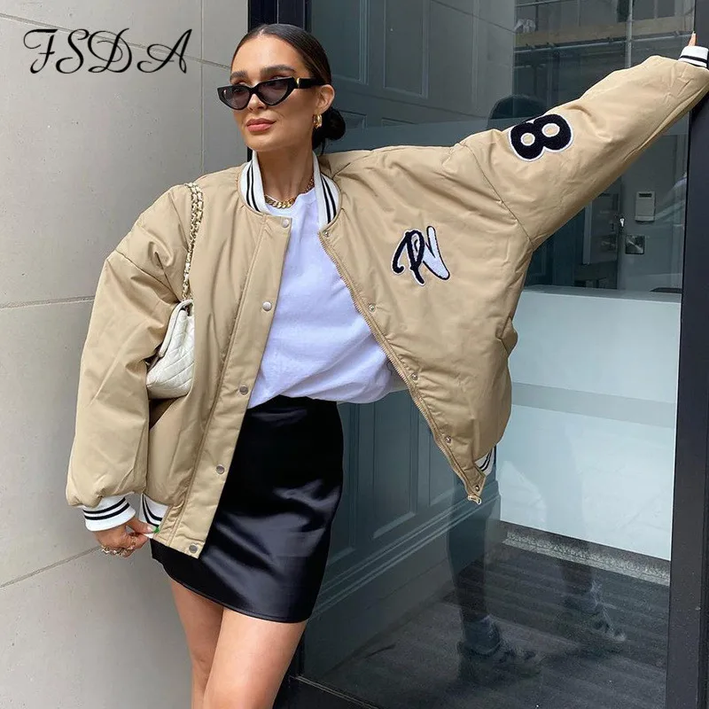 

FSDA 2021 Letter Embroidery Women Coat Jacket Parkas Oversized Autumn Winter Warm Long Sleeve Fashion Khaki Baseball Jackets