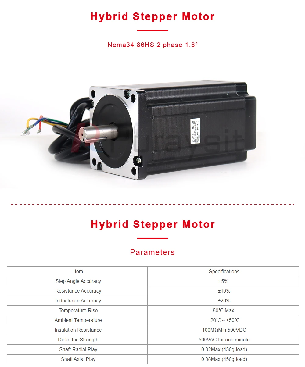 Motor de passo híbrido nema34 integrado 2 fases 1.8 °, 3.6v, 6,2a