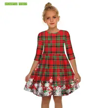 Платье для девочек; сезон весна-осень; рождественское платье из полиэстера с цифровым принтом для девочек; приталенное платье принцессы с рукавами в европейском и американском стиле