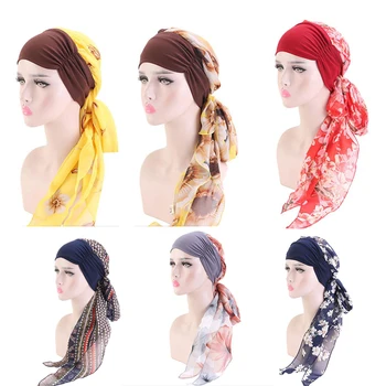 

Women Head Scarf Muslim Turban Hat Pre-Tied Flowers Printed Headwear Beanie Coverings Summer Head Wrap Chiffon Mix Color