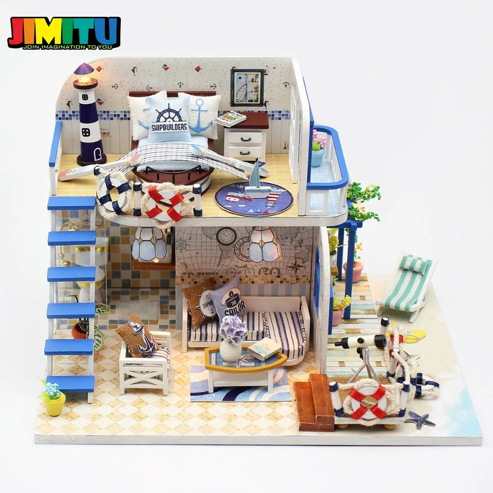 JIMITU Кукольный дом детская деревянная игрушка diy светодиодный светильник Береговая вилла для кукол миниатюрный дом мебель Подарочный комплект